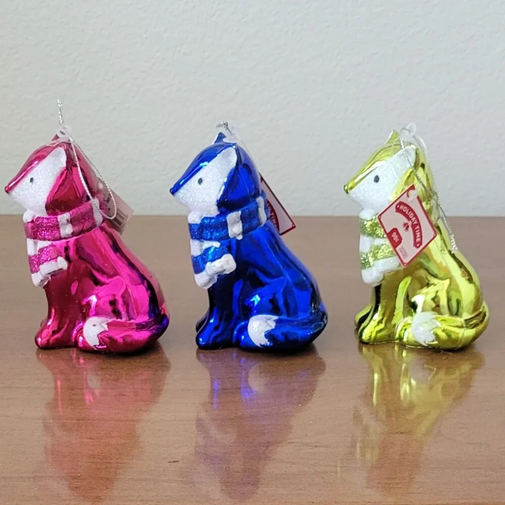 Holiday Time Set of 3 Fox with Glitter Scarf Shiny Christmas Ornaments NEW